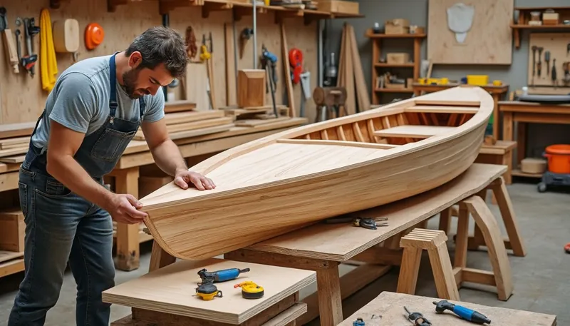 How is marine plywood used in wooden boat construction?