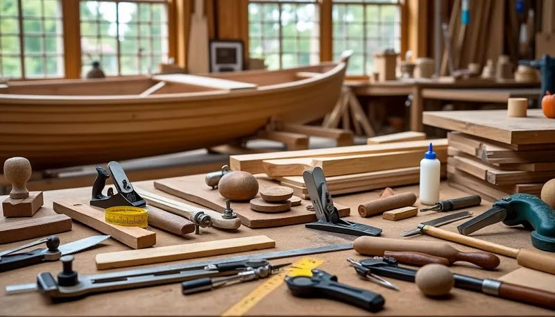 What tools are essential for building a wooden boat?